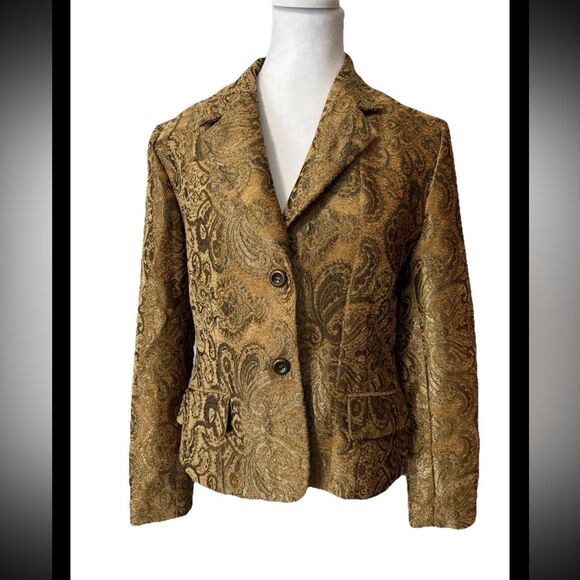 VINTAGE EUC Harve Benard by Benard Holtzman Gold Tapestry Blazer Jacket Size 10 - Picture 1 of 12